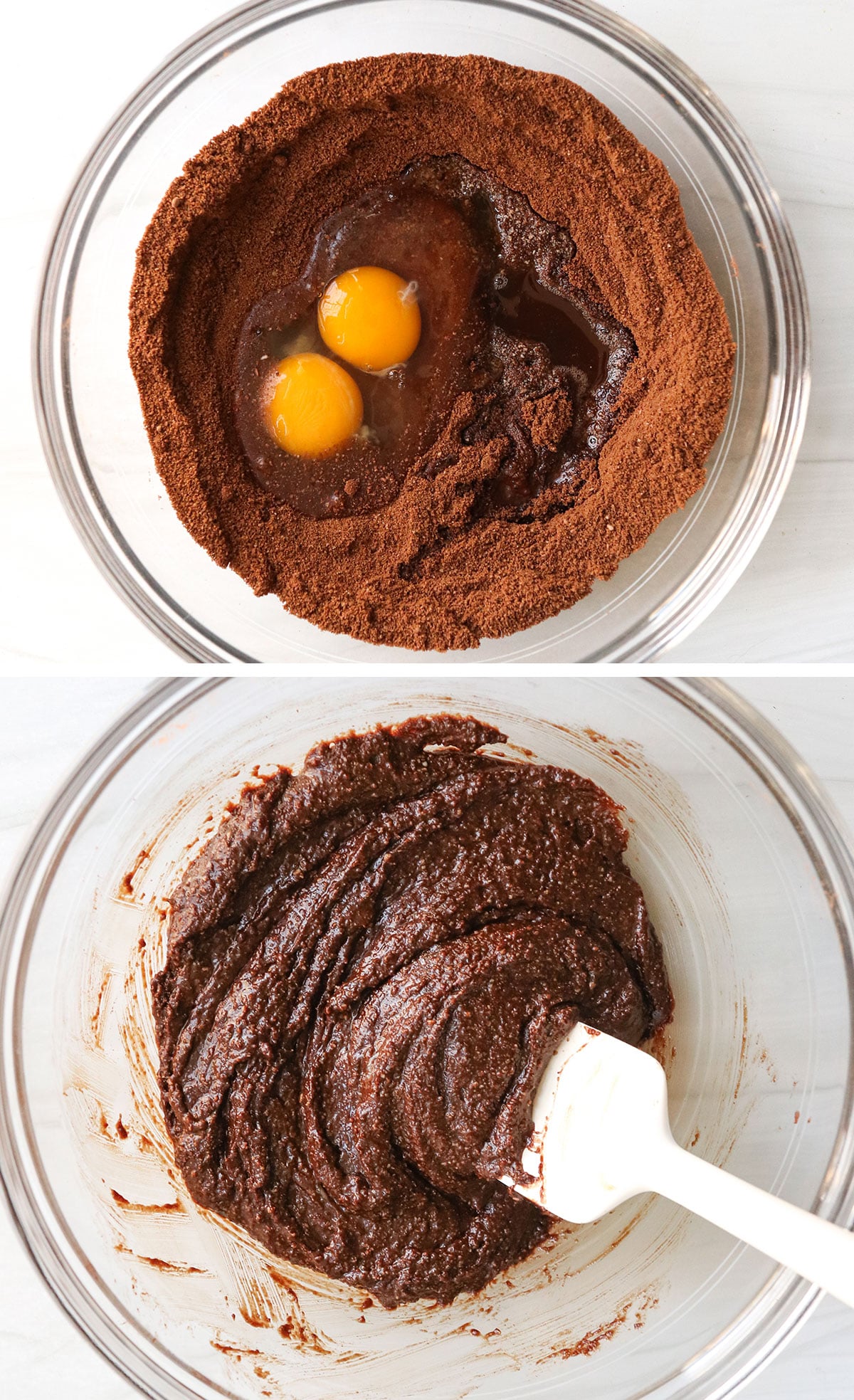 wet ingredients mixed into brownie batter.