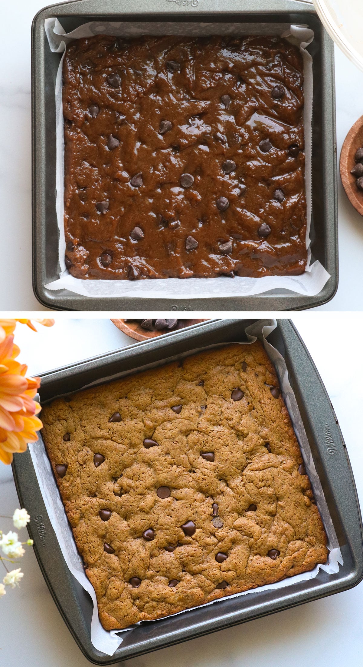 blondies in a pan before and after baking.