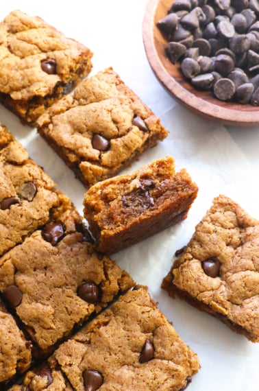 almond butter blondie turned on its side to show the texture.