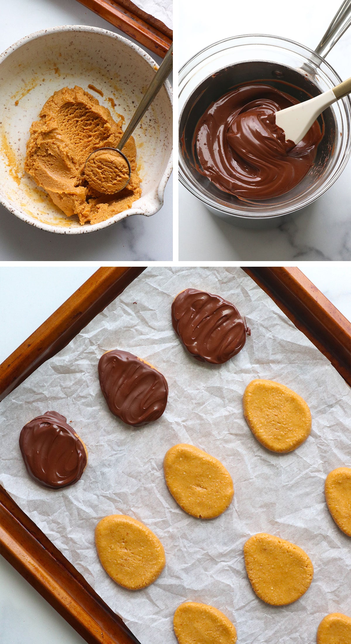 peanut butter eggs shaped on pan and topped with chocolate.