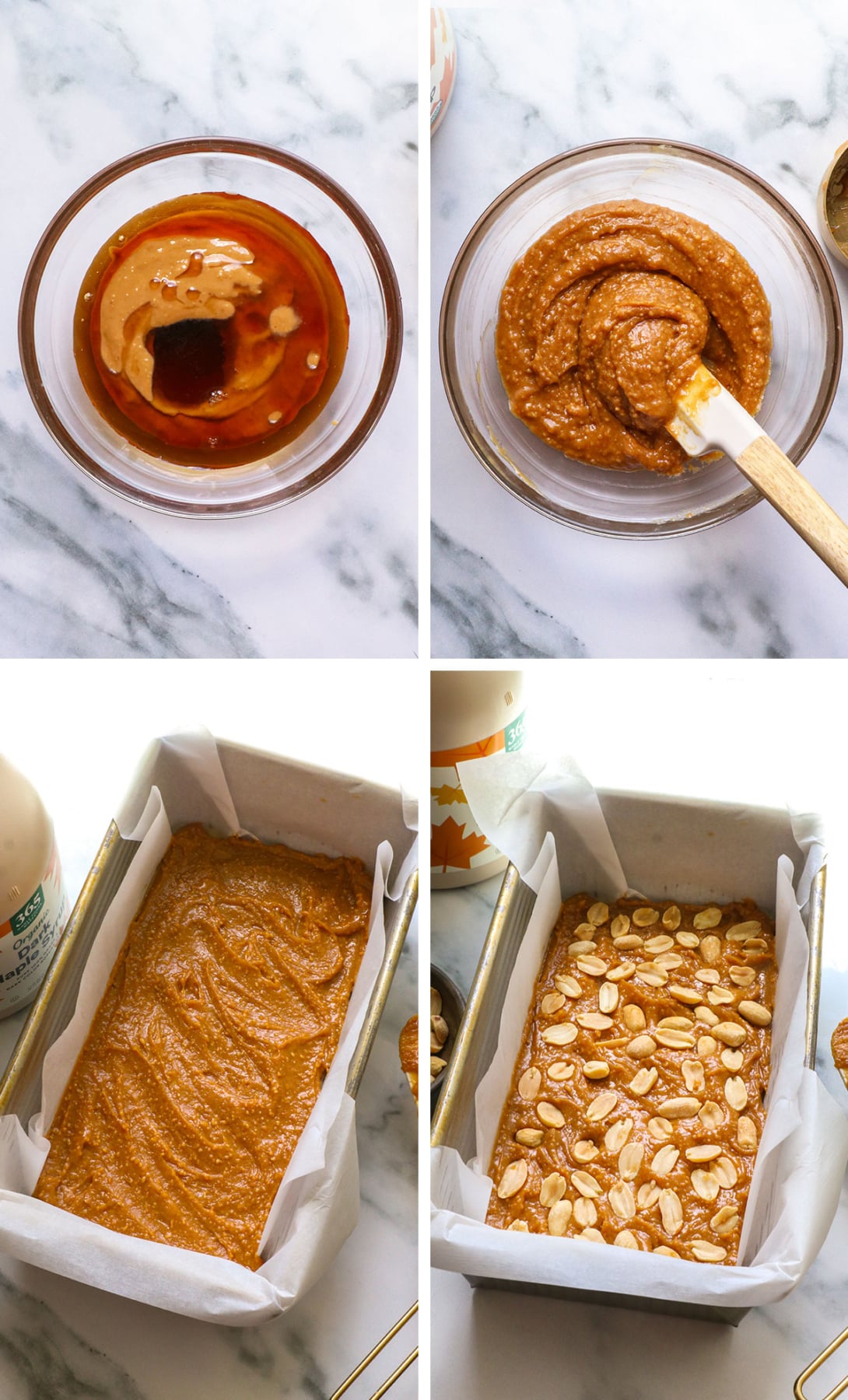 peanut butter and maple syrup mixed for a caramel layer with peanuts. 