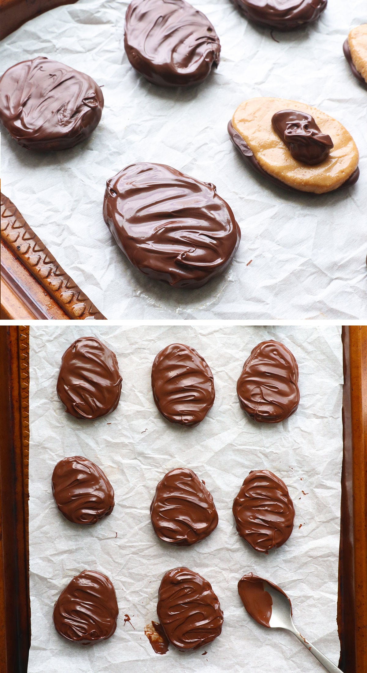 chocolate spread on both sides of the peanut butter eggs.