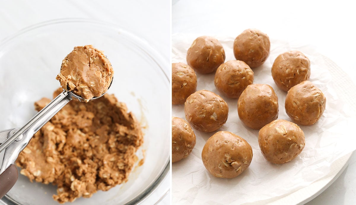 protein ball mixture scooped and rolled onto plate.