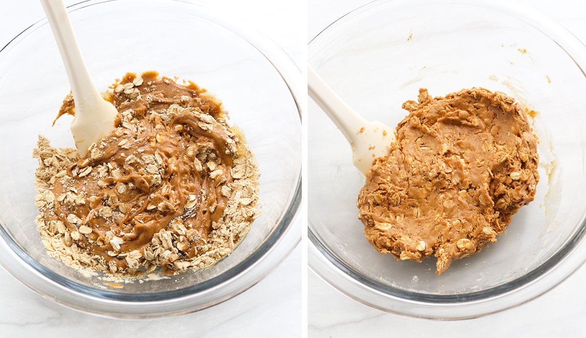 protein ball mixture mixed in glass bowl.