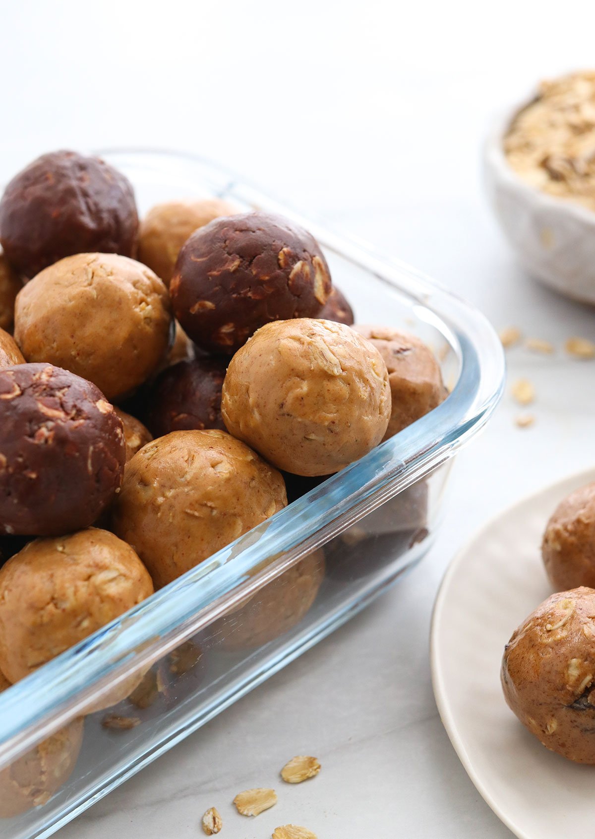 protein balls stored in glass jar.