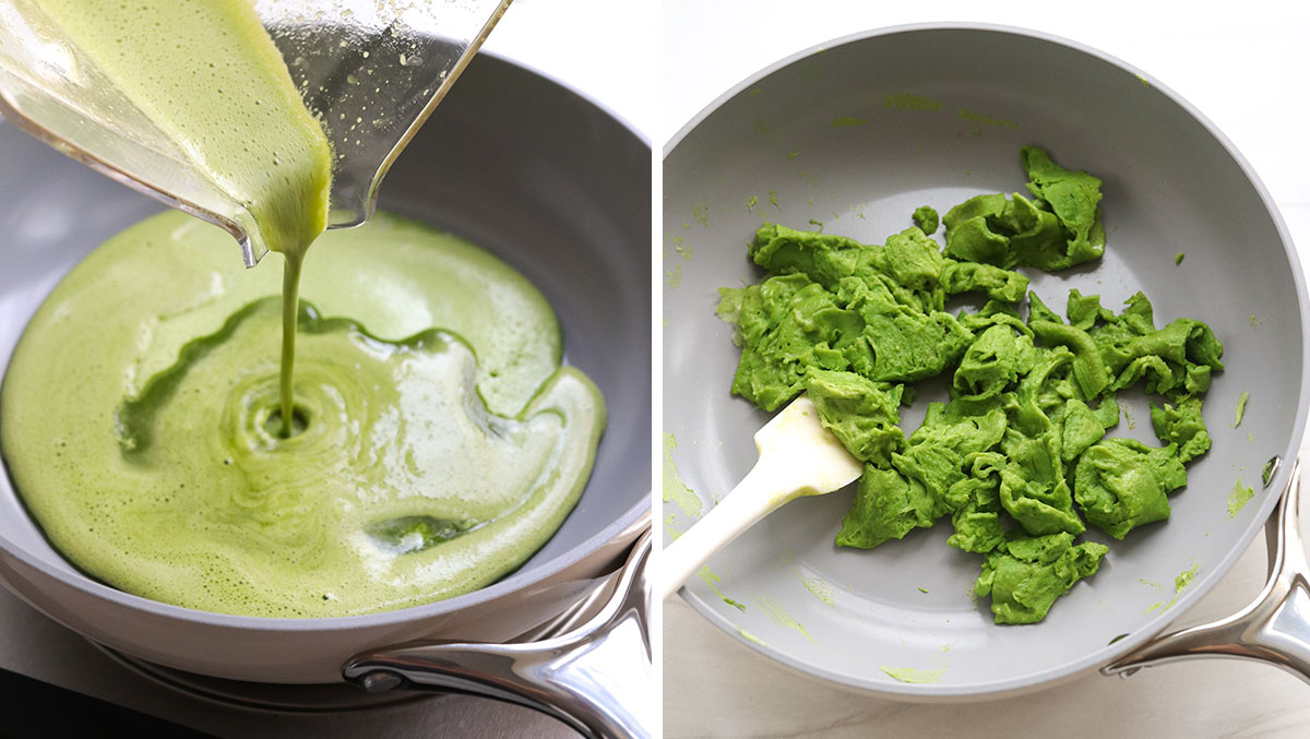 green eggs poured into pan and scrambled.