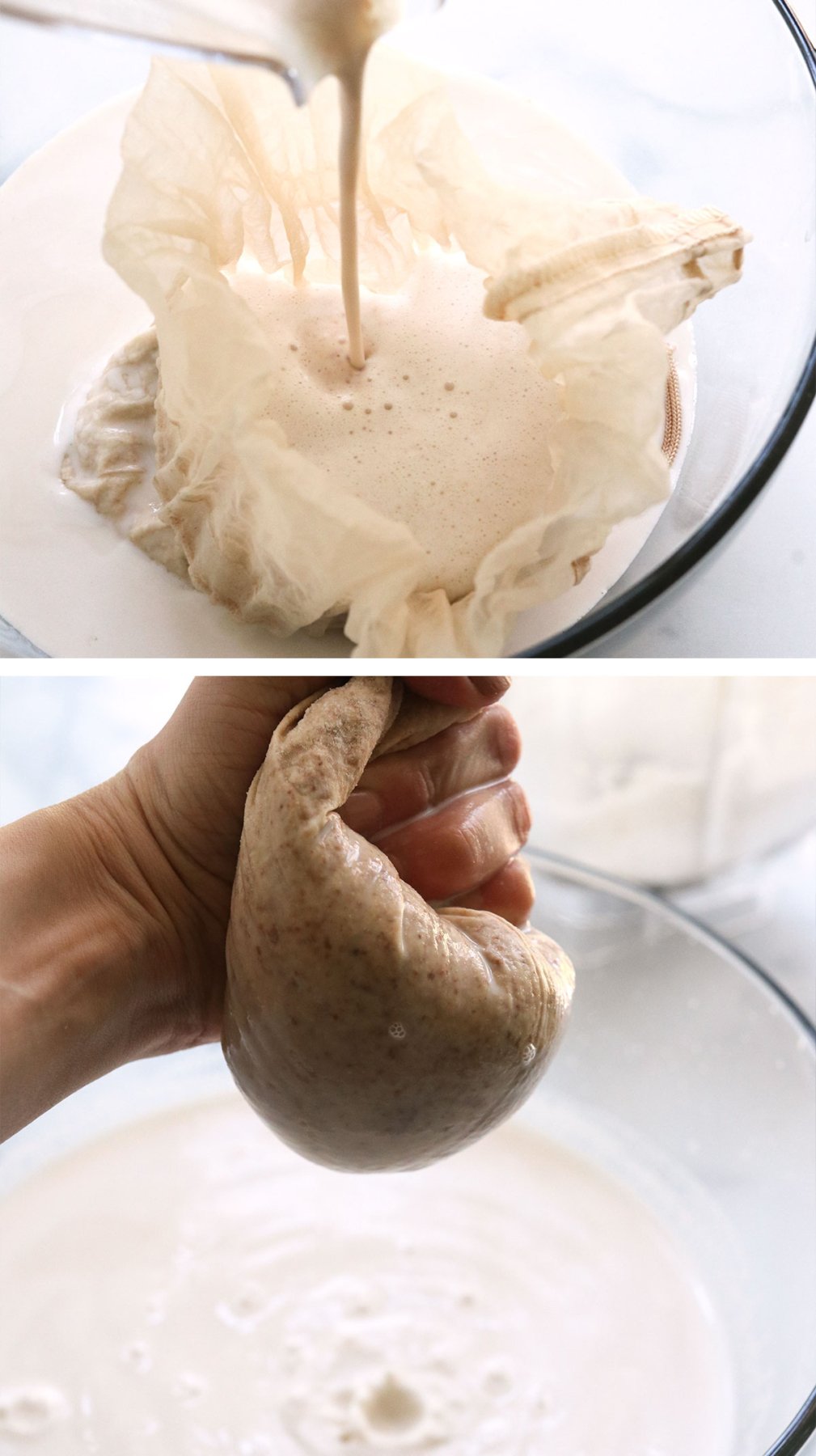 Pour almond milk into a nut milk bag and squeeze.