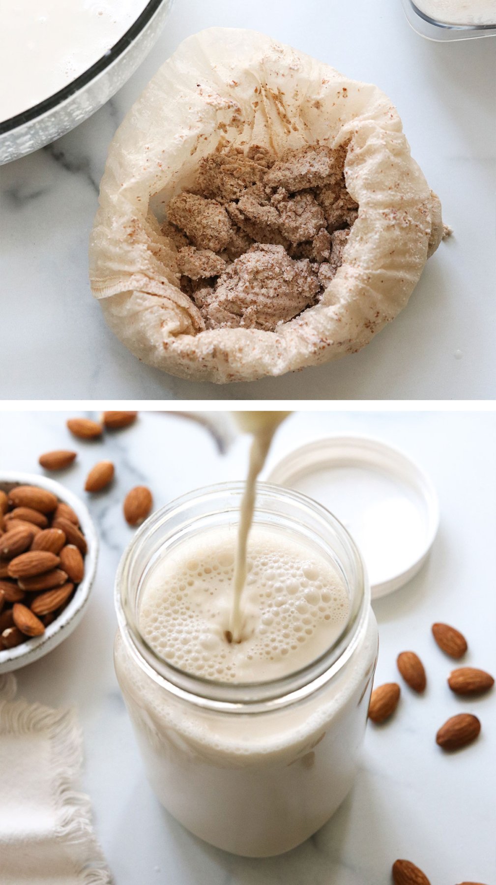 Place the almond pulp bag in the bag and pour the milk into the jar.