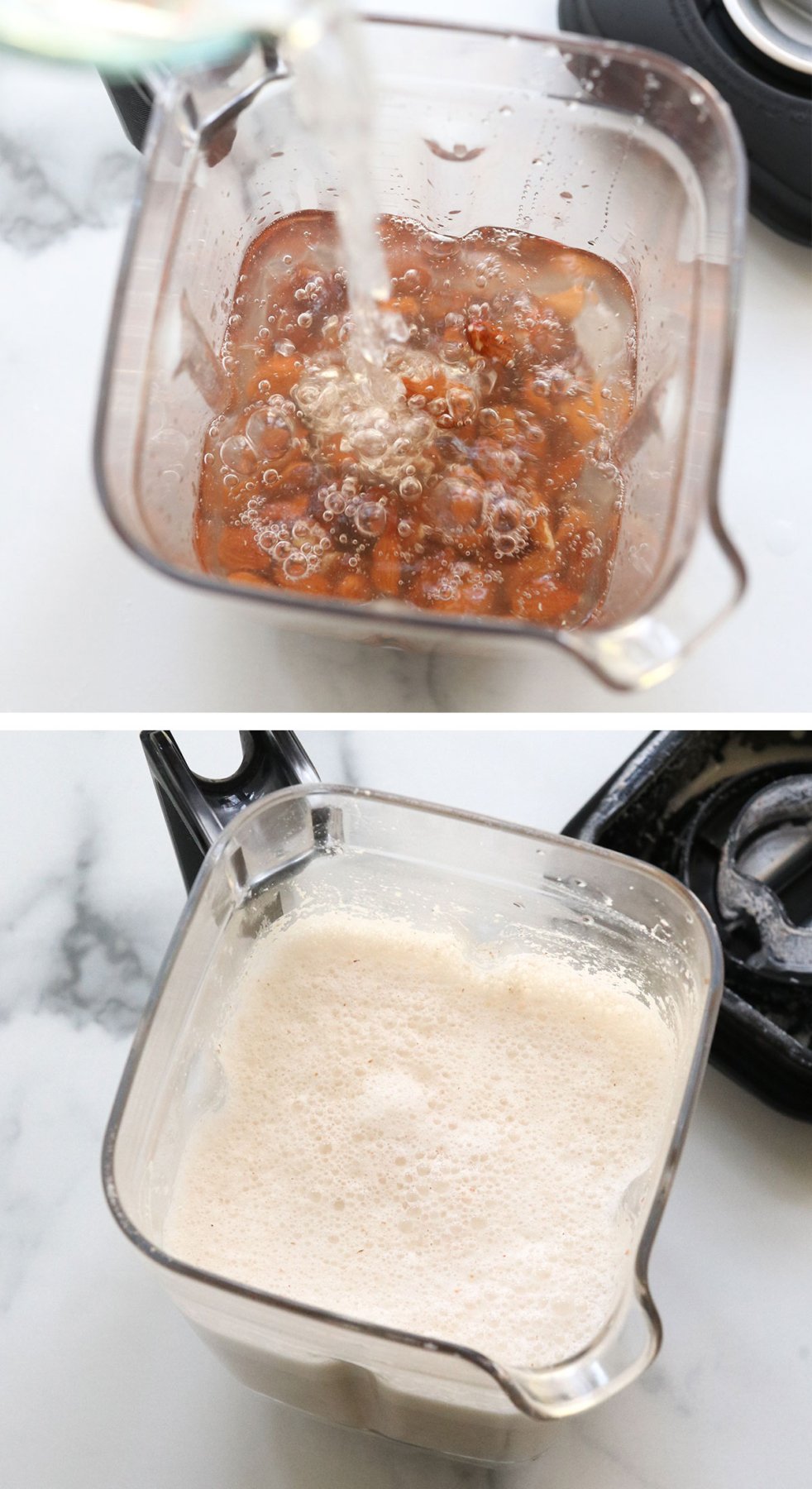 Mix water and almonds in the pitcher in the mixer.