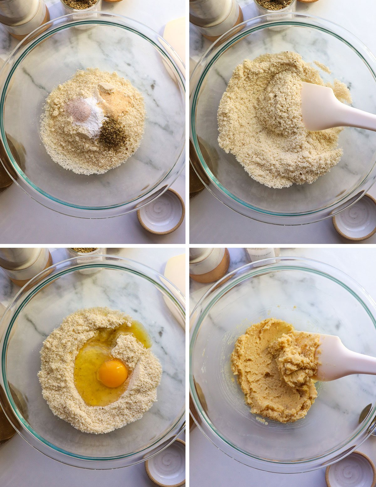 almond flour pizza dough mixed in a glass bowl.