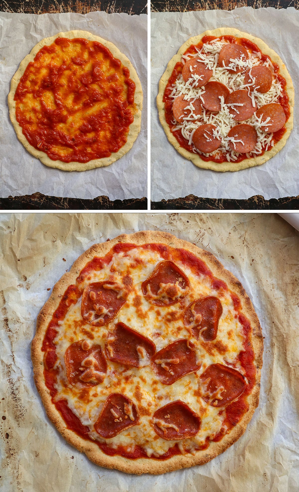 almond flour pizza crust topped and baked until golden on parchment paper.