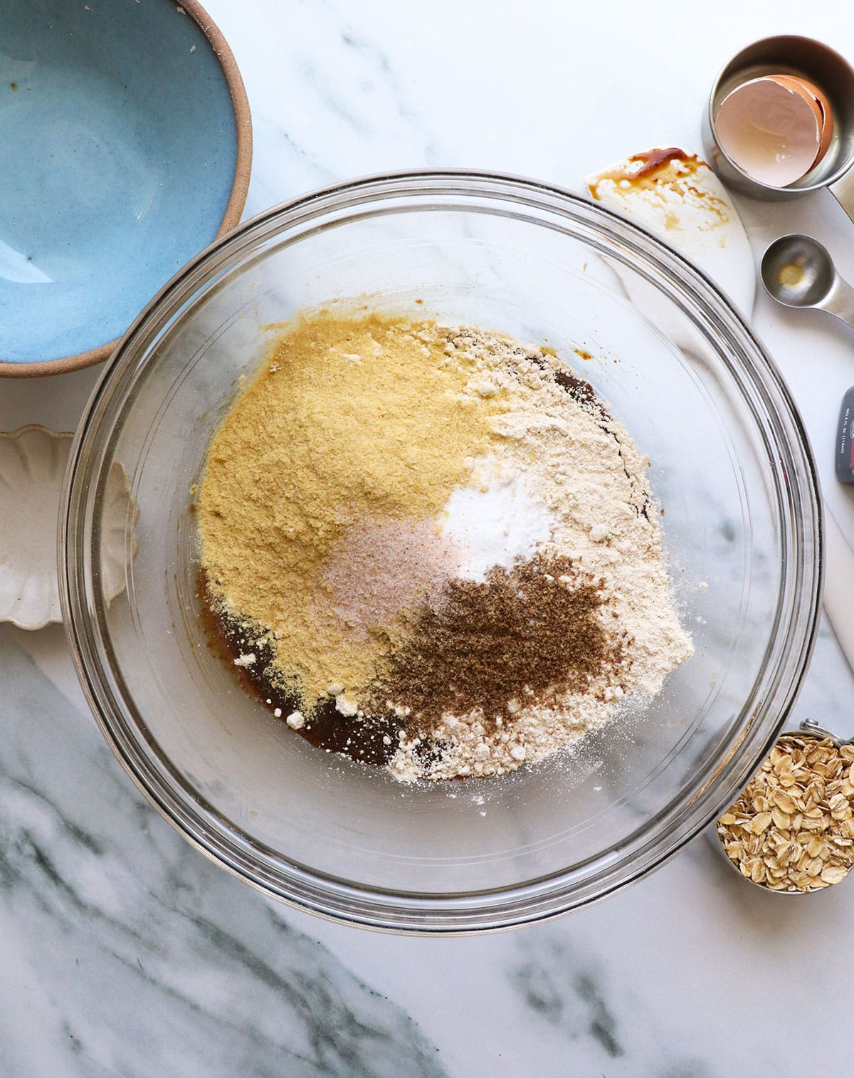 brewers yeast, oat flour, and ground flax added to the mixing bowl.
