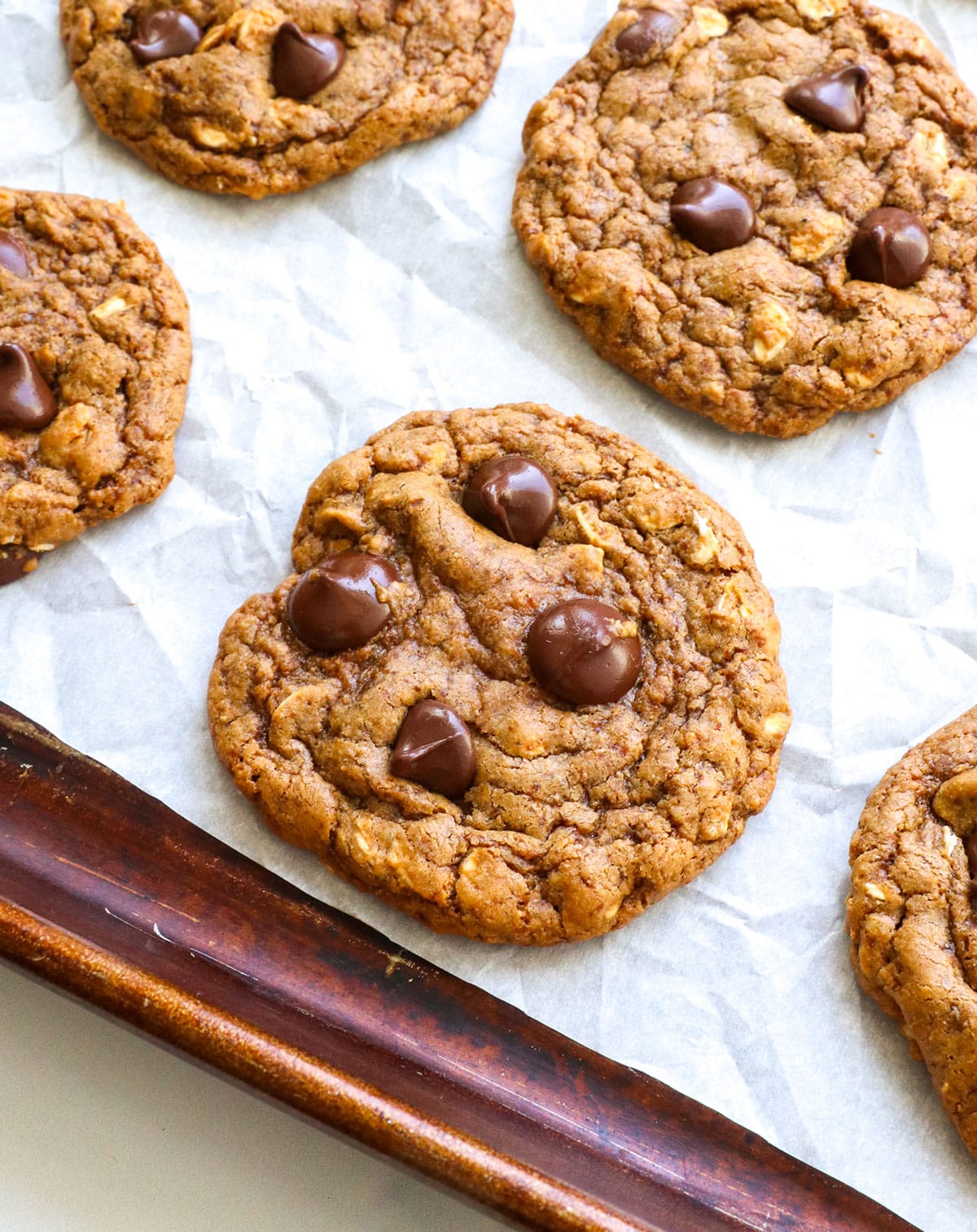 close up of a healthy lactation cookie on the baking sheet.