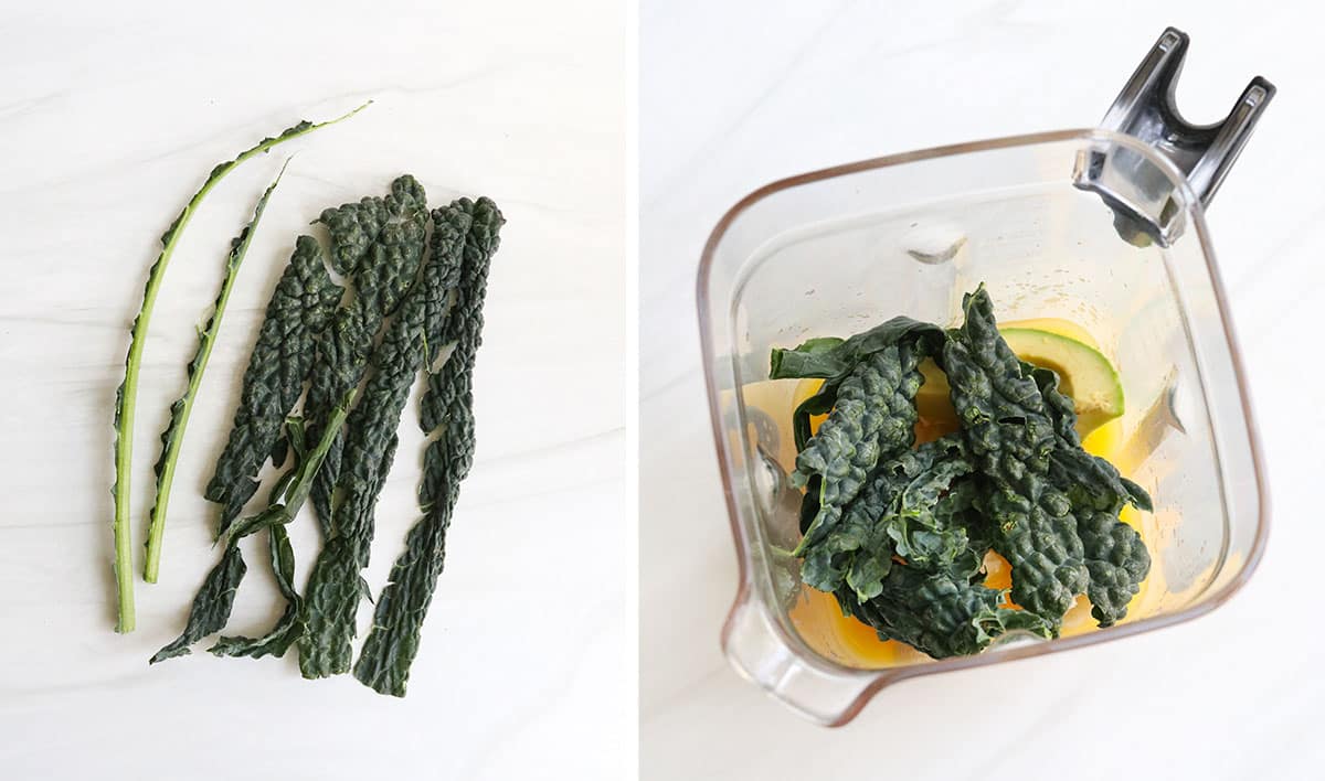 stems removed from kale leaves and added to blender.