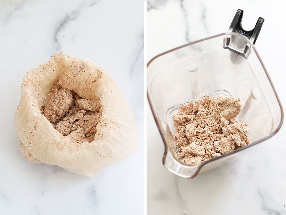 almond pulp in a bag and added to the blender.