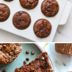 chocolate zucchini muffins baked in pan and split in half to show texture.