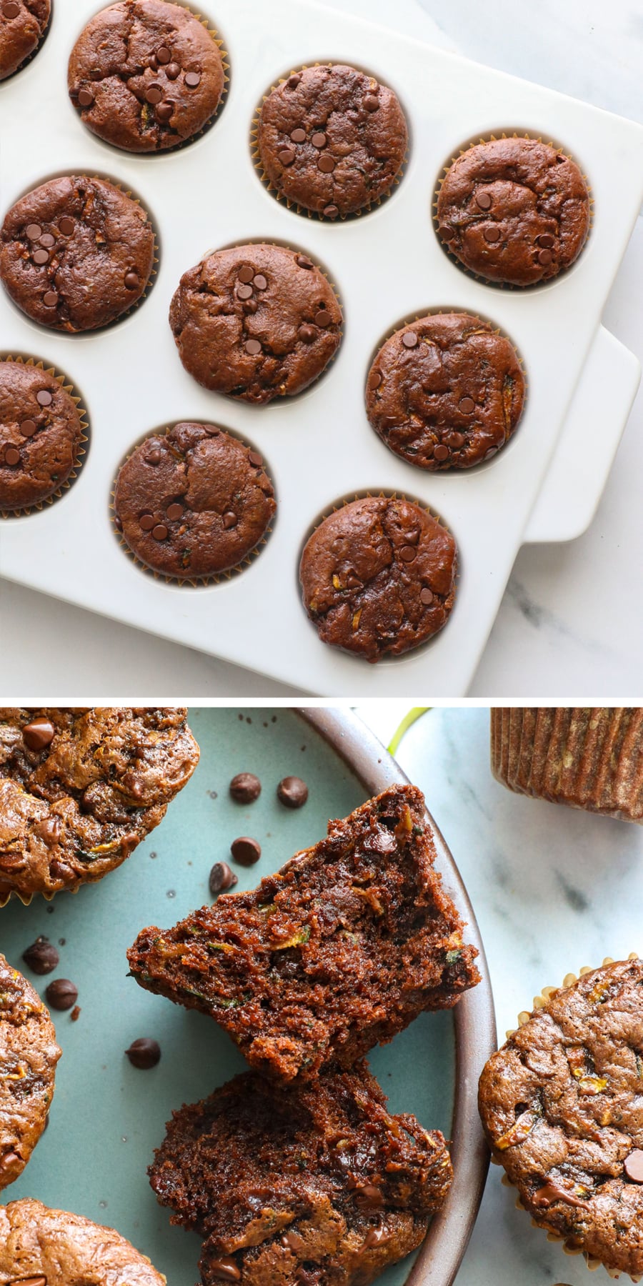 chocolate zucchini muffins baked in pan and split in half to show texture. 
