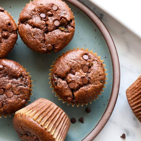chocolate zucchini muffins on a blue plate with chocolate chips.
