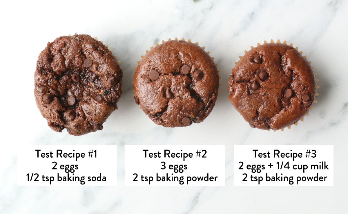 3 test rounds of zucchini muffins to show texture. 