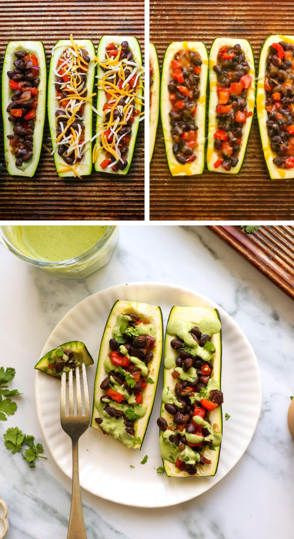 stuffed zucchini with cheese and with a dairy free sauce on top.
