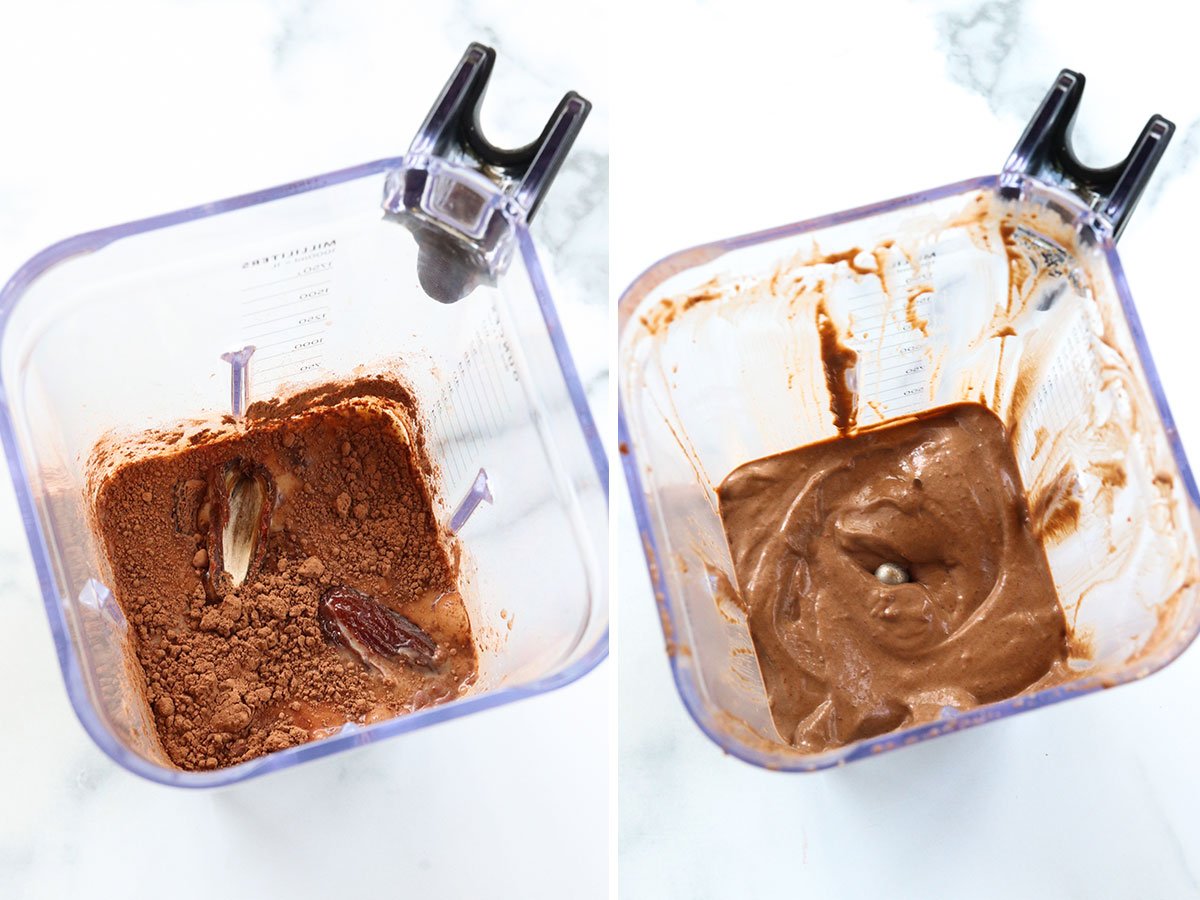 dates and cocoa powder blended together in a blender pitcher.