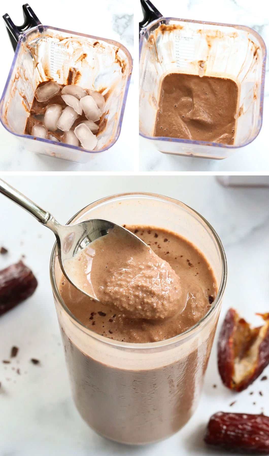 date smoothie with slushy texture lifted on a spoon.