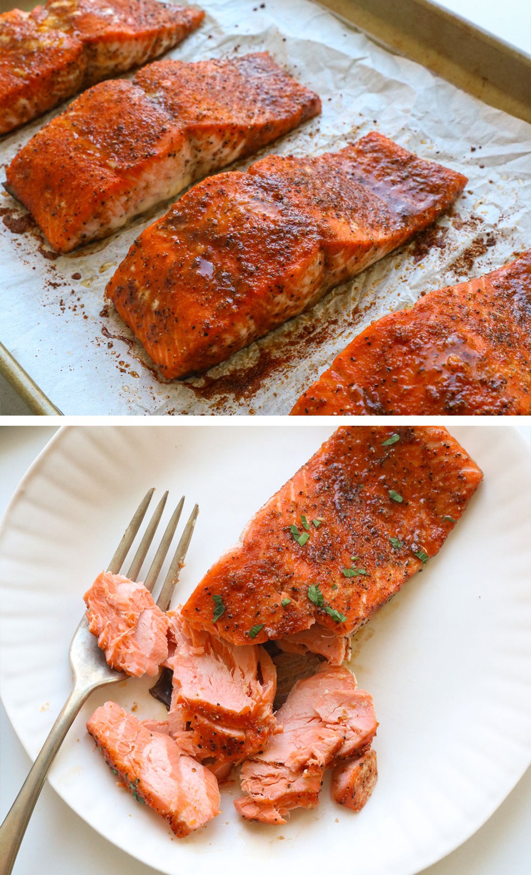 salmon baked on pan and flaked with a fork on a plate.