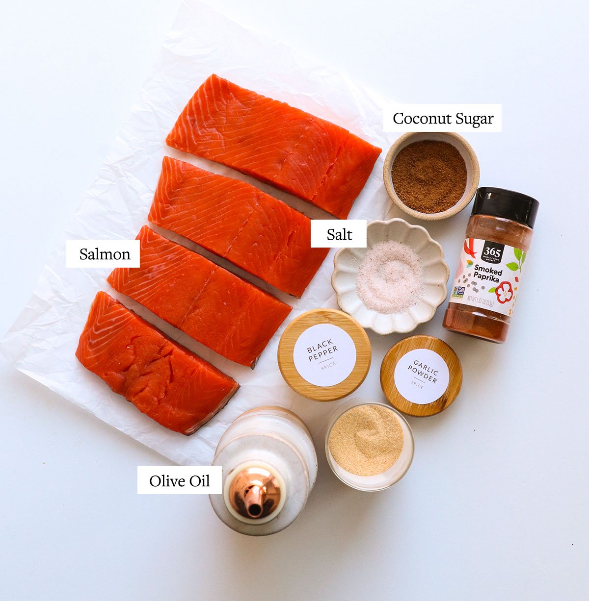 salmon fillets next to spices and oil labeled. 