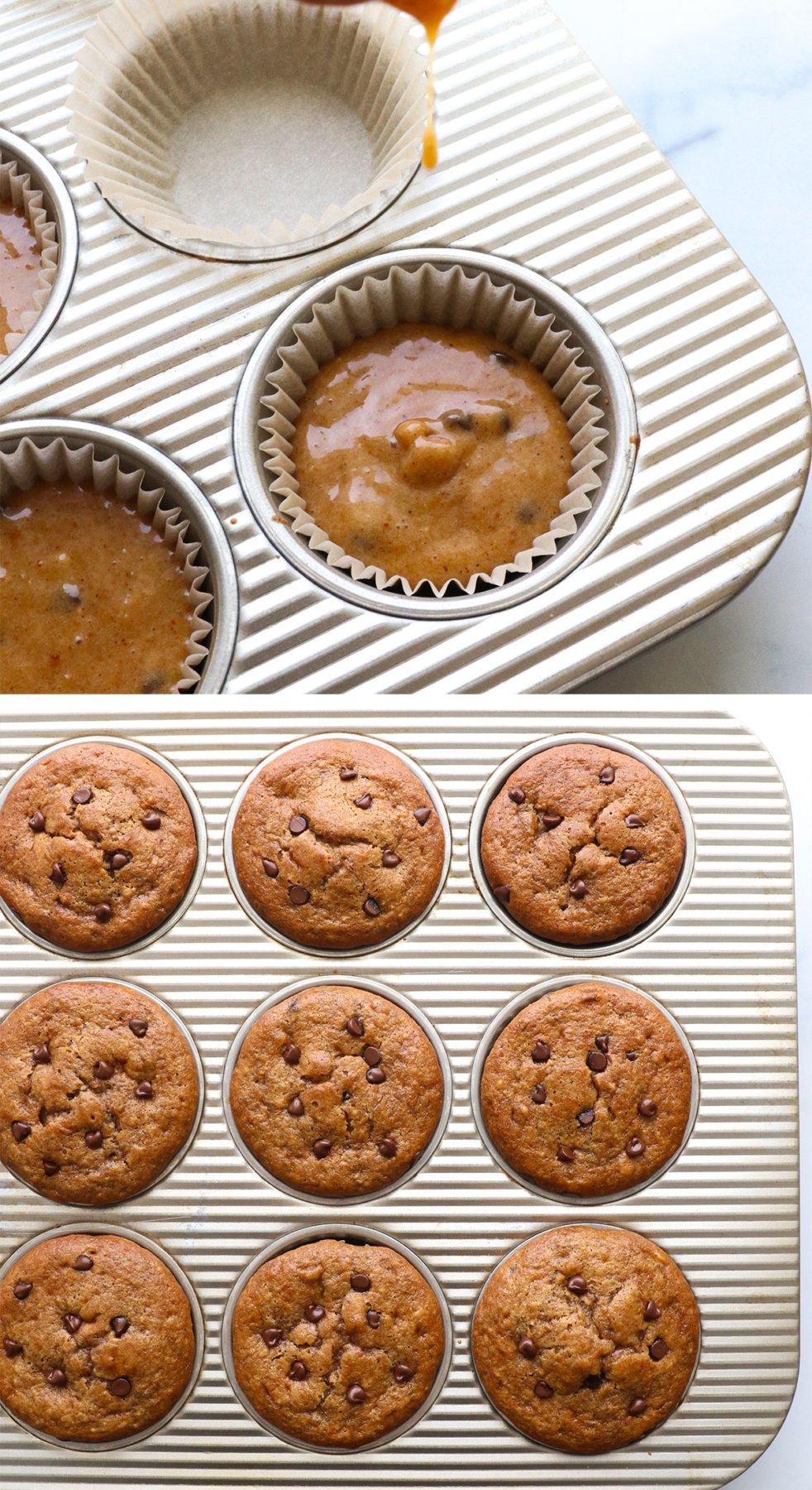 batter added to muffin pan and baked with chocolate chips on top.