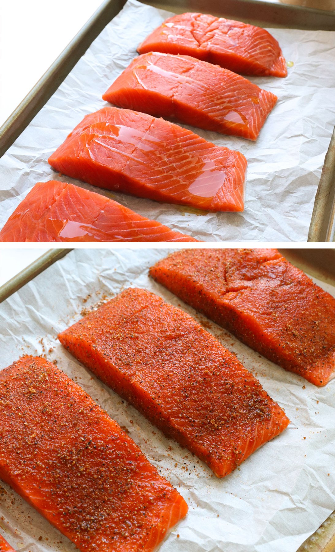 salmon fillets drizzled with olive oil and coated in a seasoning blend. 