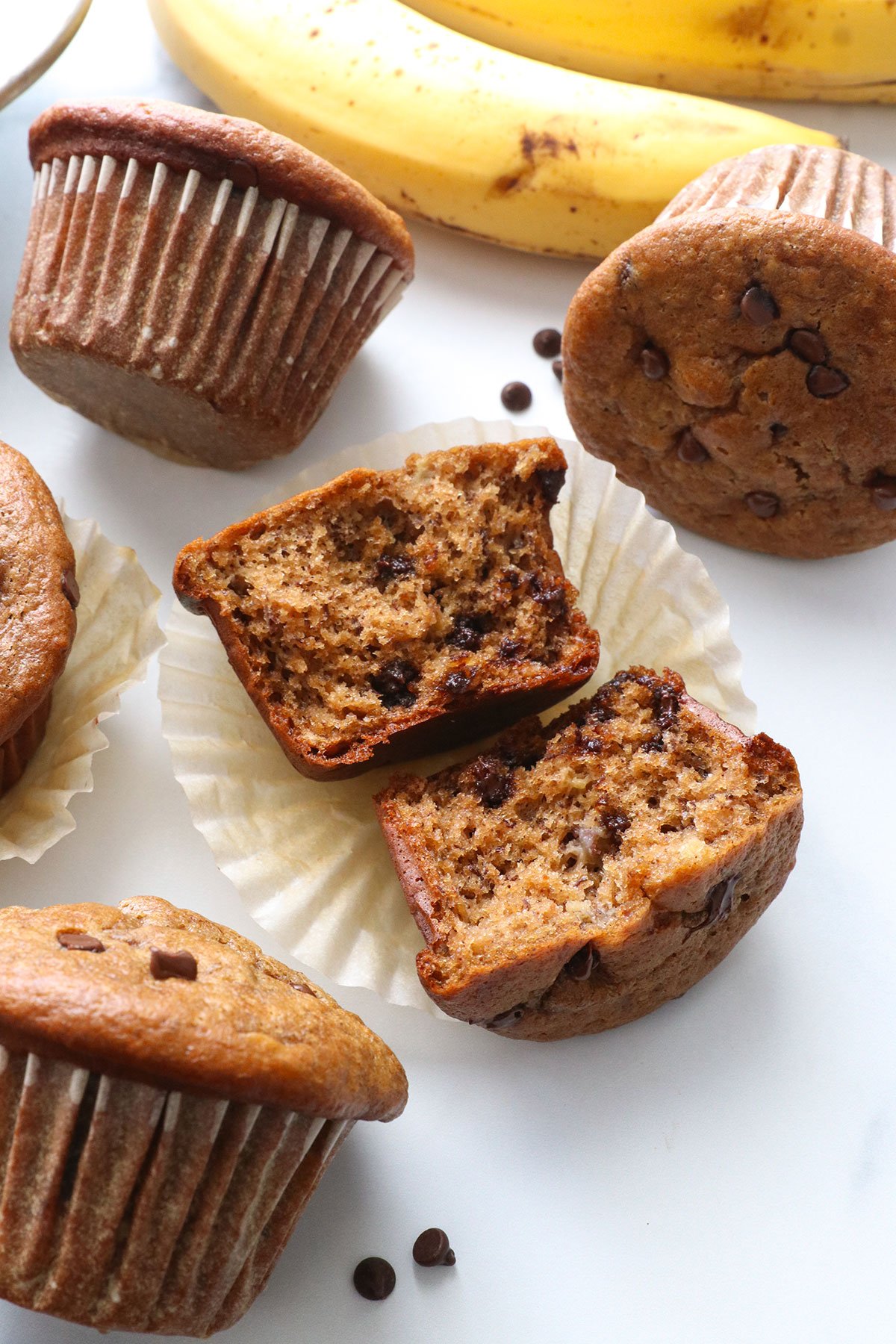 flourless peanut butter banana muffin split in half to show texture.