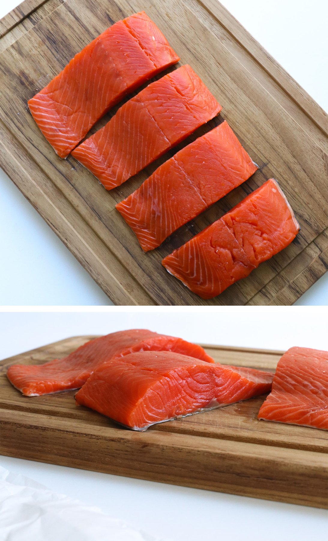 wild-caught salmon sliced into 4 fillets on a cutting board showing thickness and size.