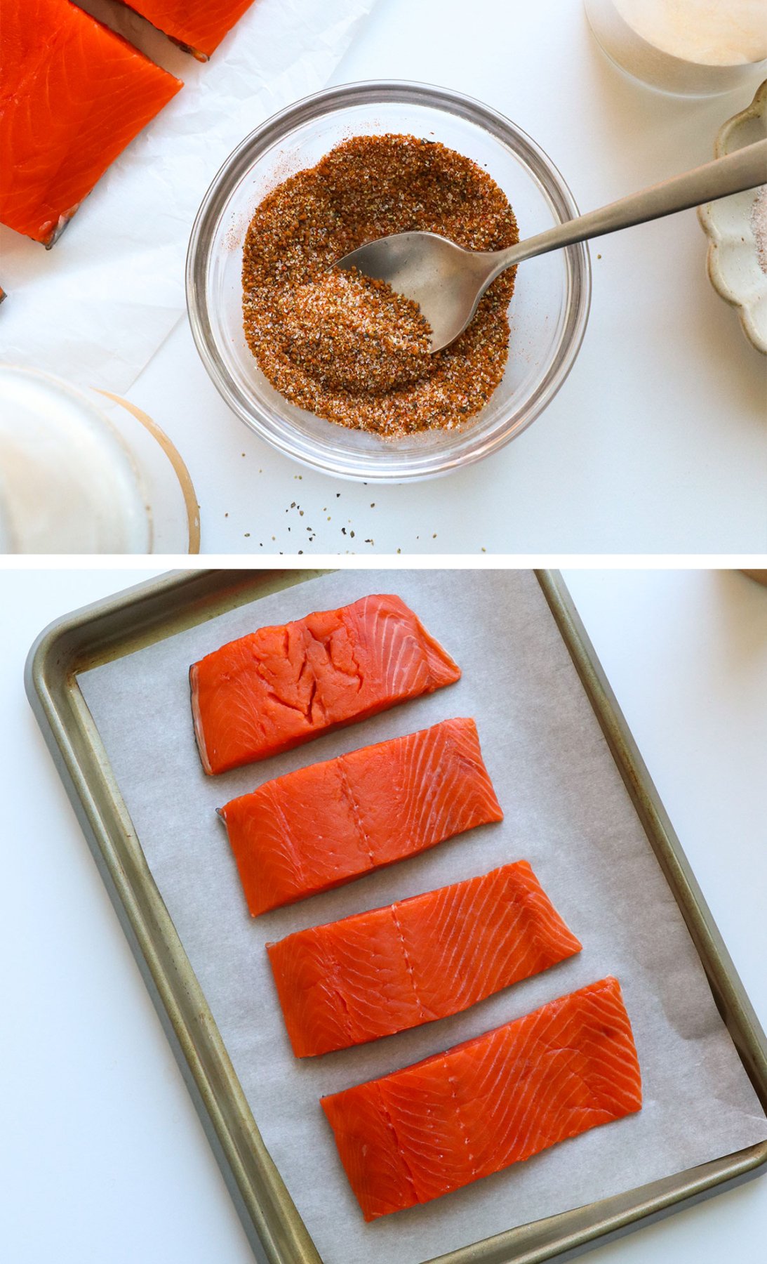 seasoning mixed in a bowl and salmon arranged on a parchment lined pan. 