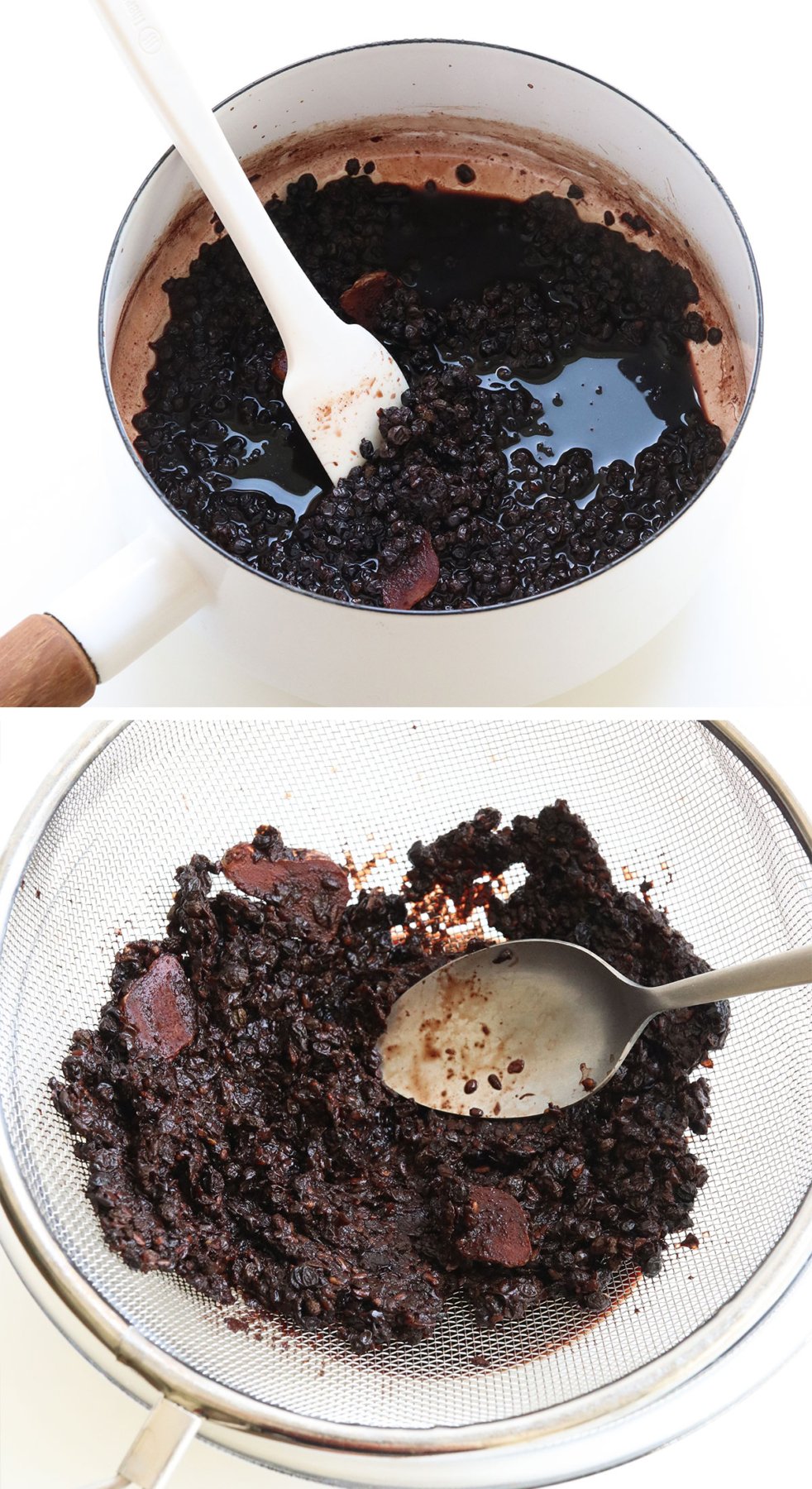 cooked elderberries in pot and strained through a fine mesh strainer. 