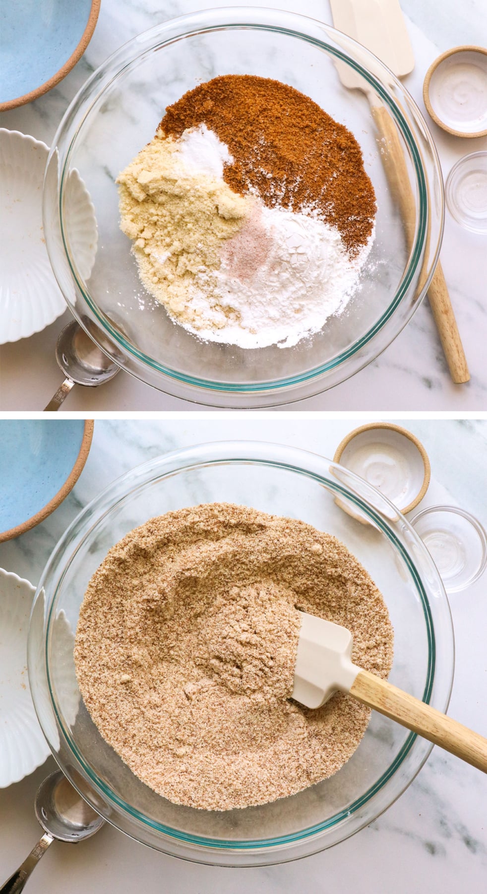 almond flour, arrowroot, coconut sugar, and baking powder mixed in a glass bowl.