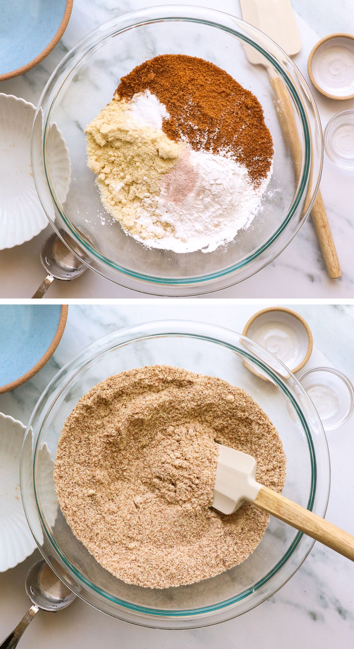 almond flour, arrowroot, coconut sugar, and baking powder mixed in a glass bowl.