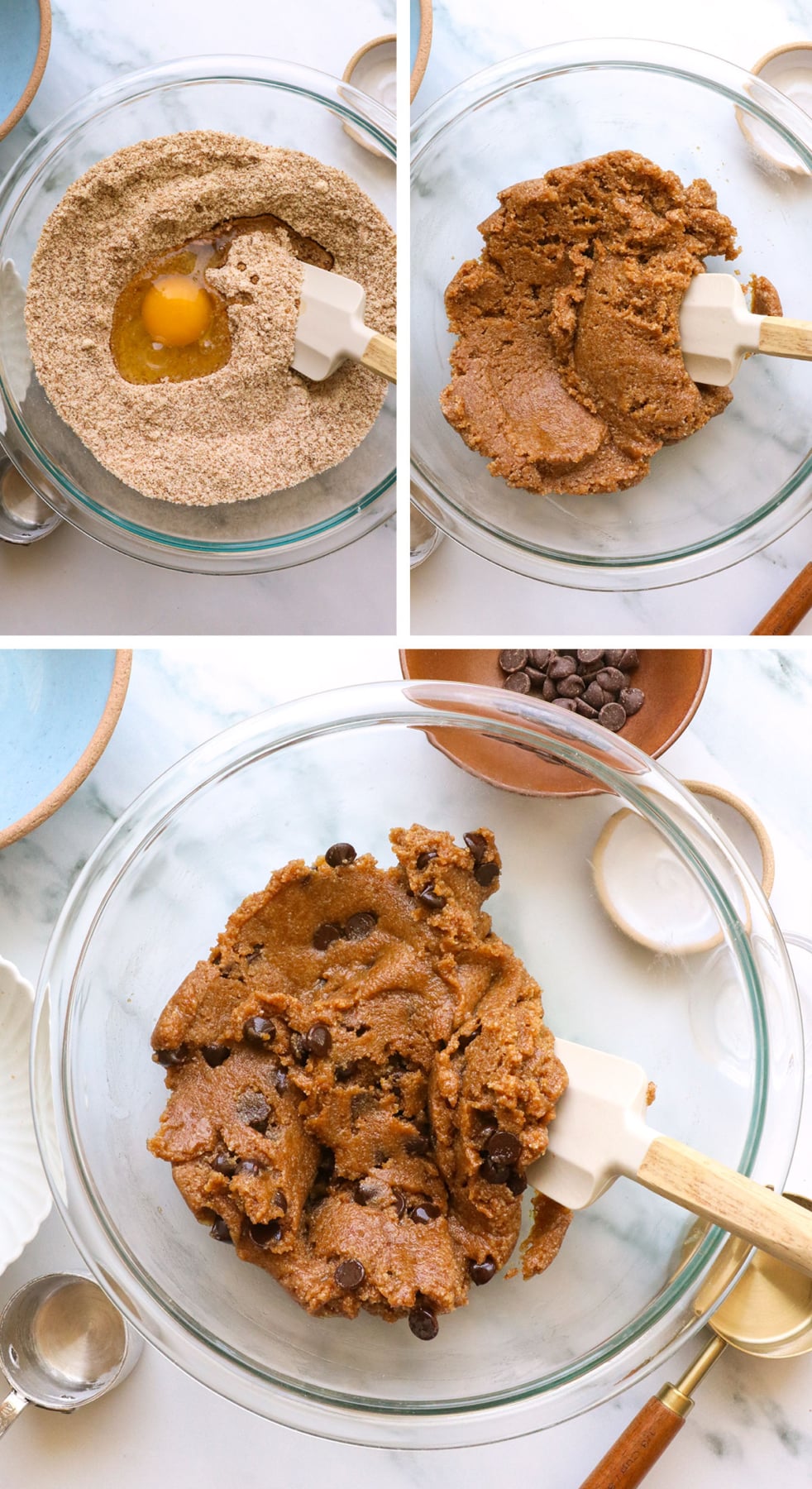 wet ingredients stirred into paleo cookie dough with chocolate chips.
