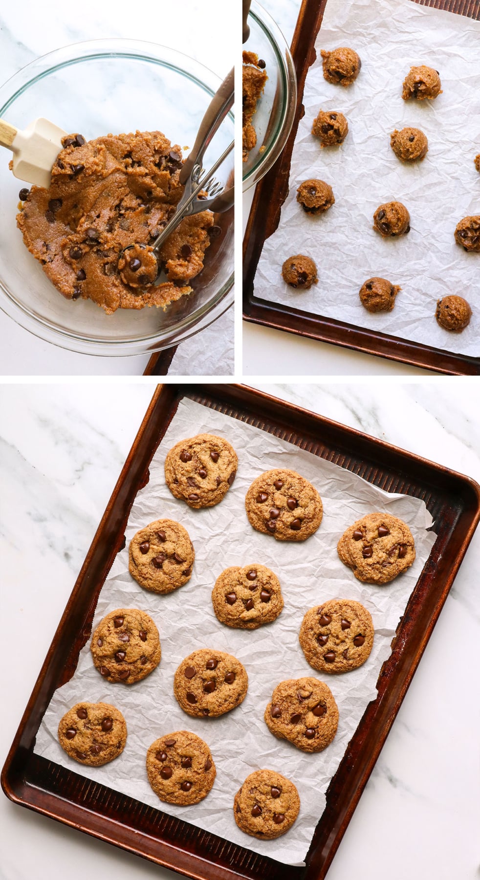 paleo cookie dough before and after baking on a lined pan.