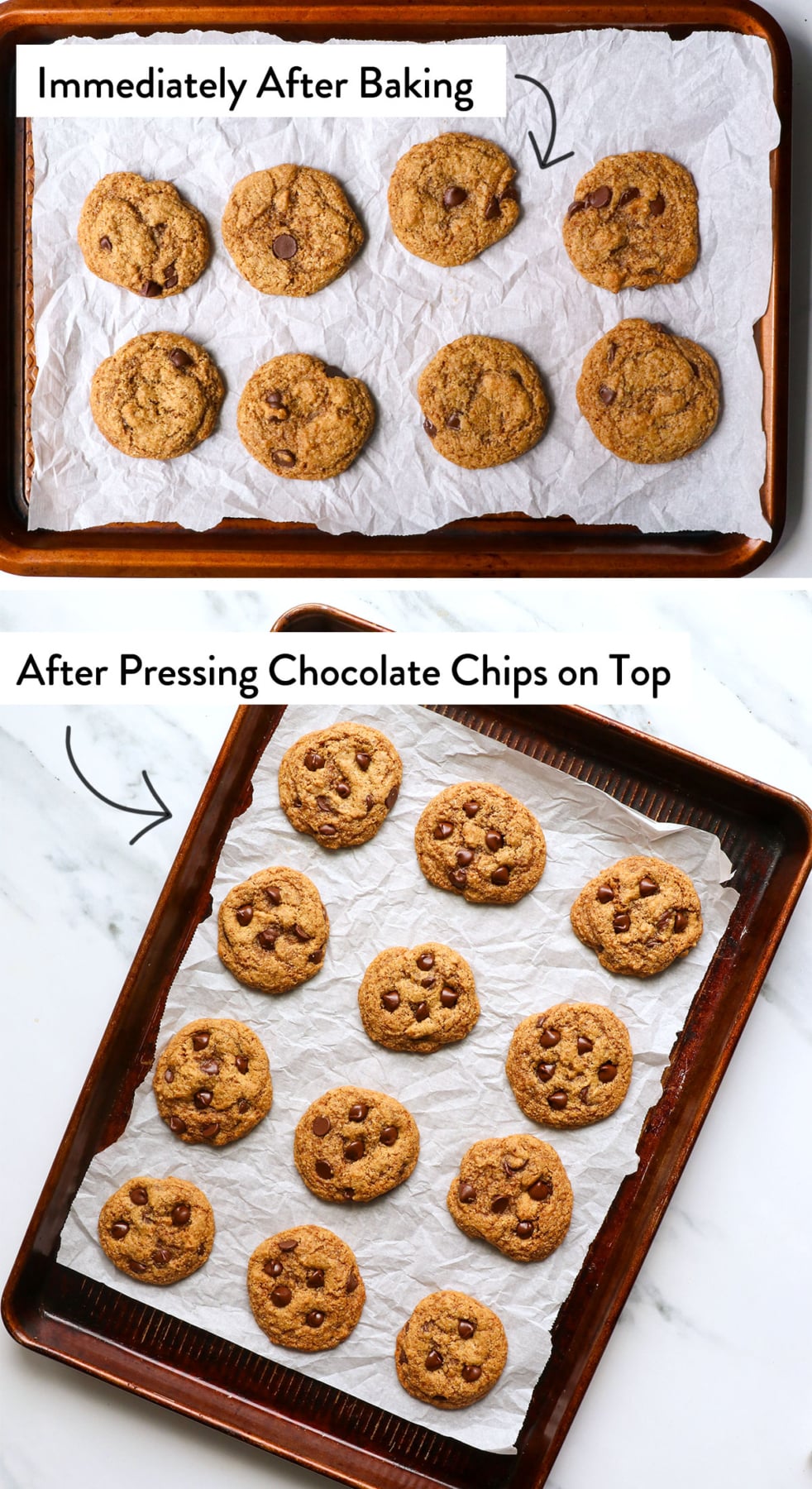 paleo chocolate chip cookies before and after adding extra chocolate chips