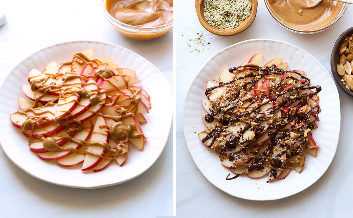 peanut butter drizzled on apples followed by melted chocolate, hemp hearts and peanuts.