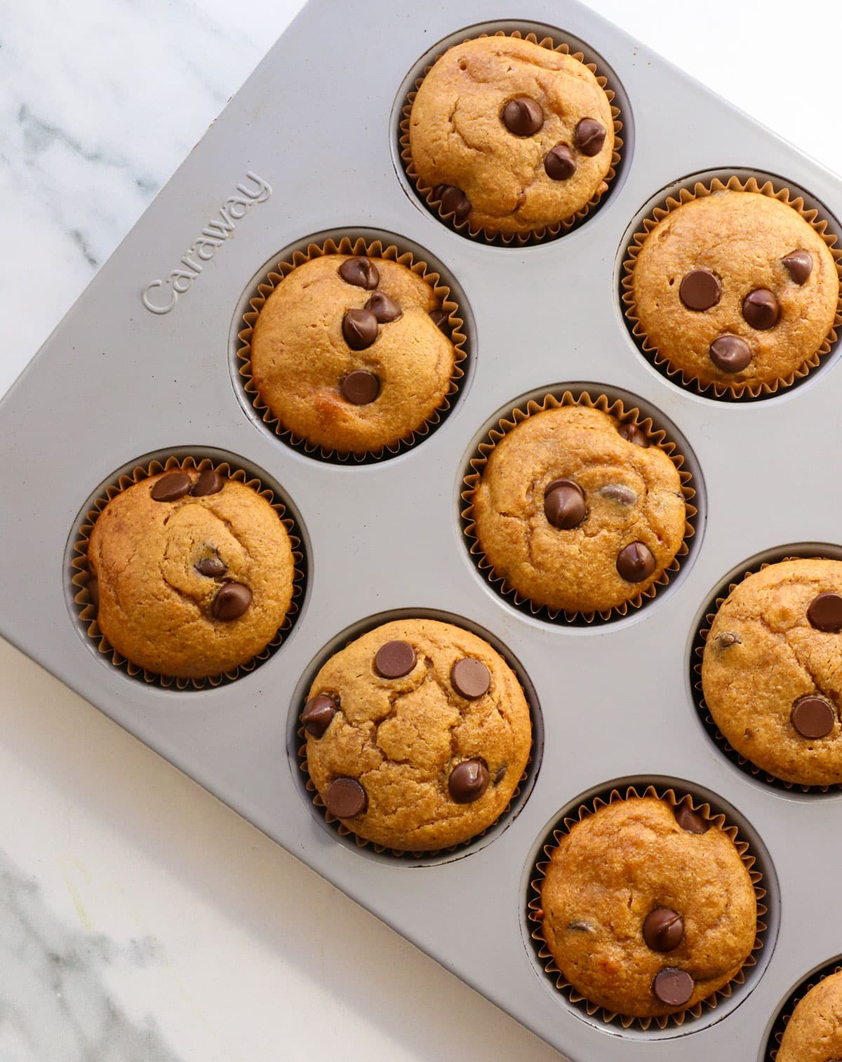baked paleo pumpkin muffins cooling in the muffin pan overhead.