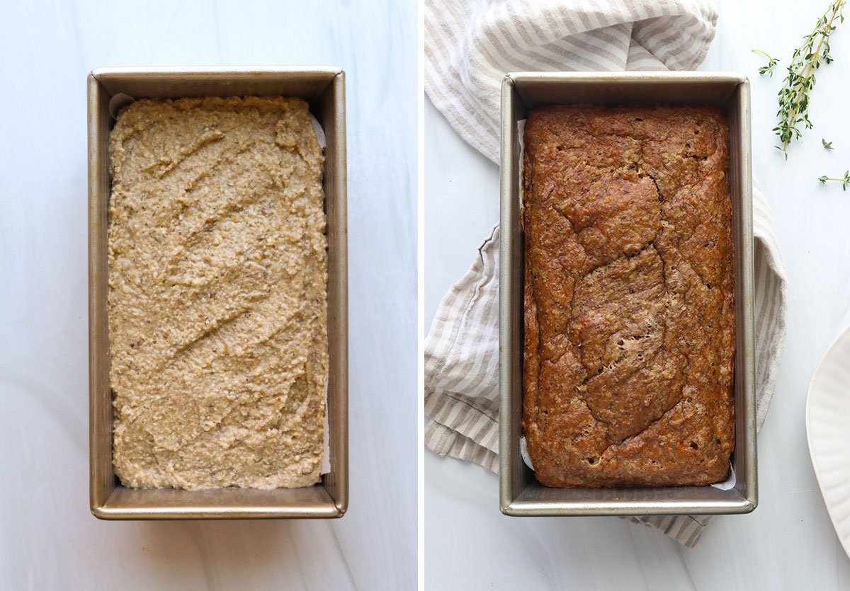 veggie meatloaf in a loaf pan before and after baking.