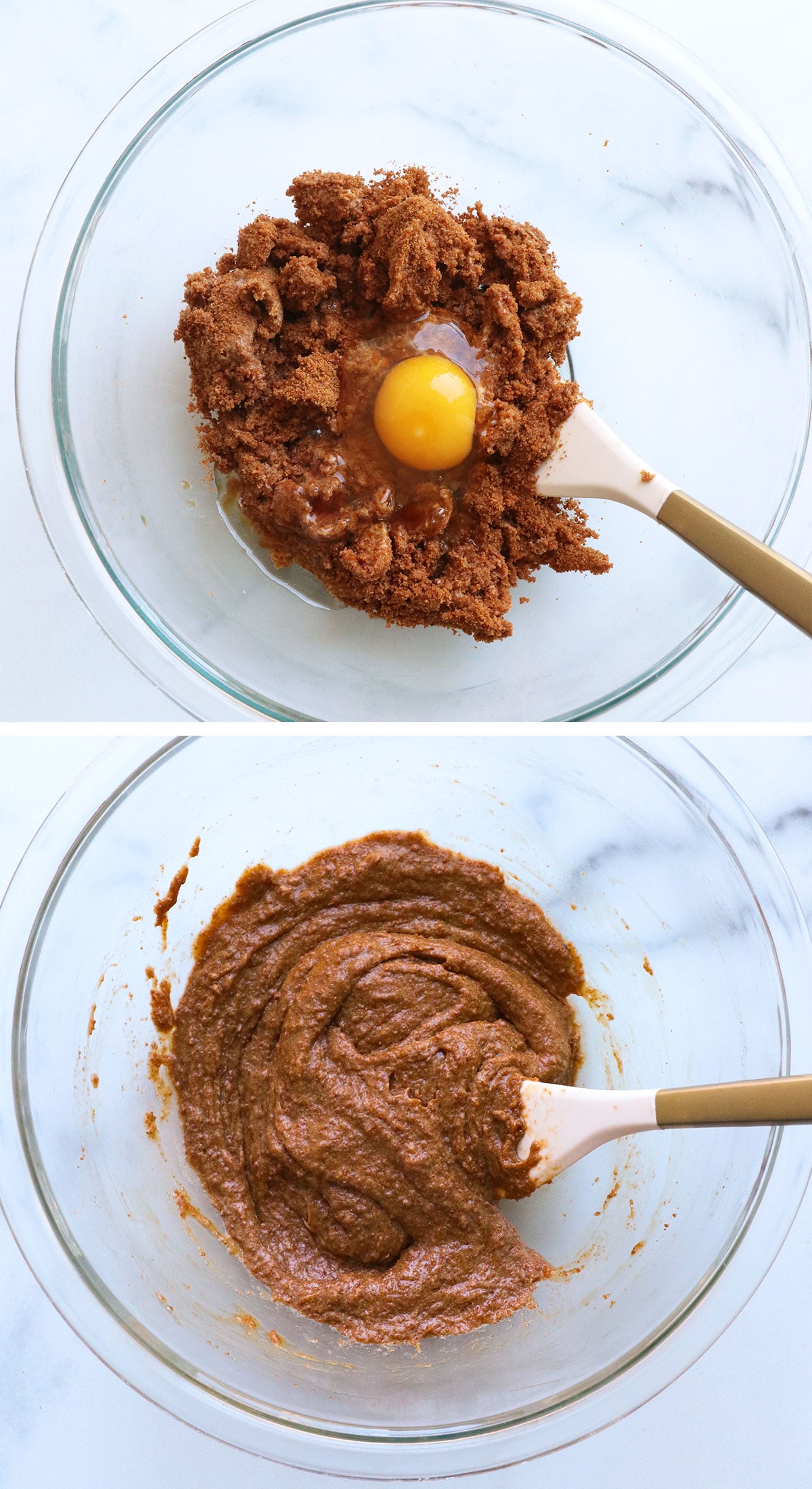 egg and vanilla extract mixed with creamed butter and sugar in a glass bowl.