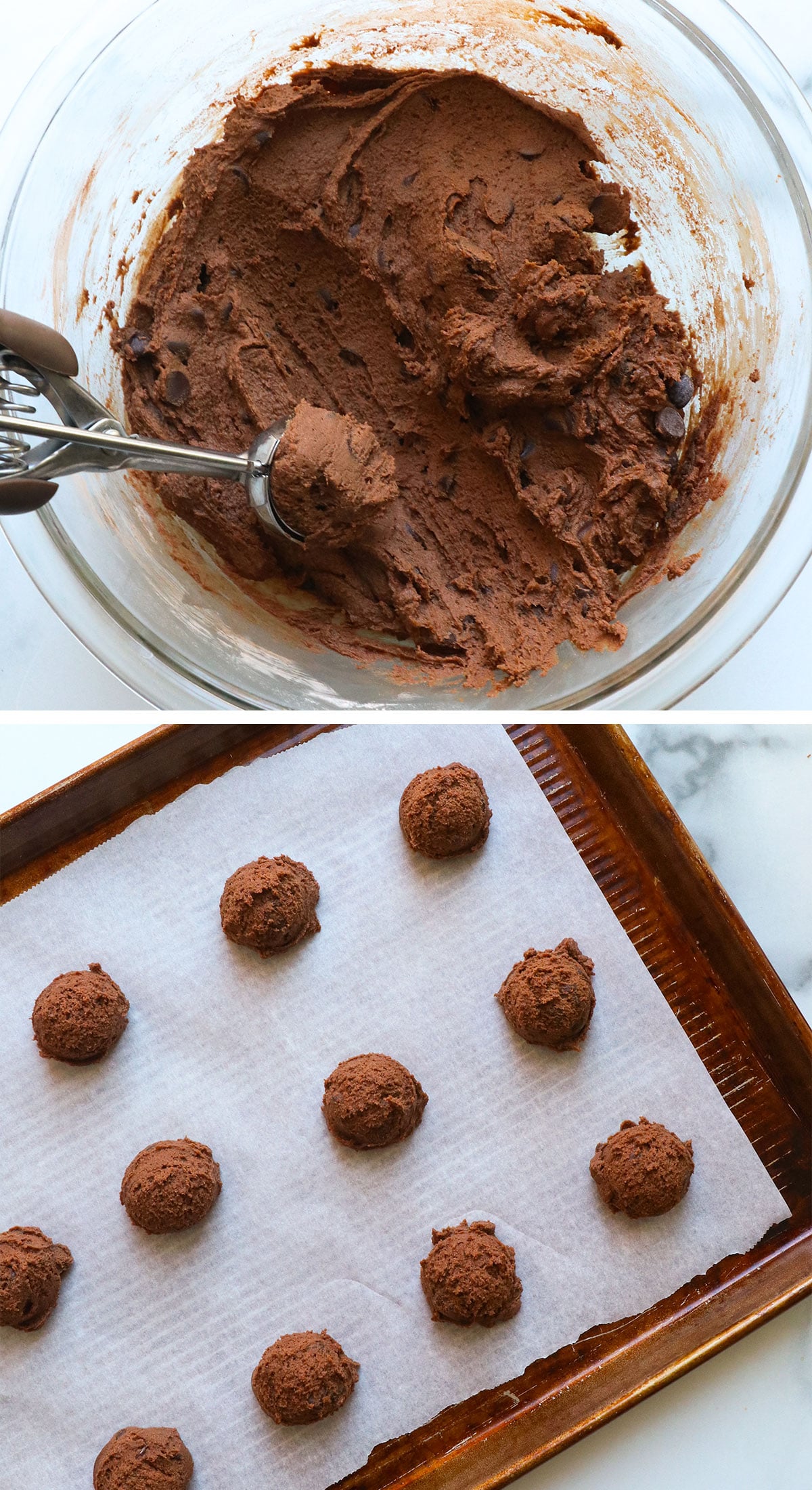 cookie dough with a scoop and dough dropped onto a lined baking sheet.