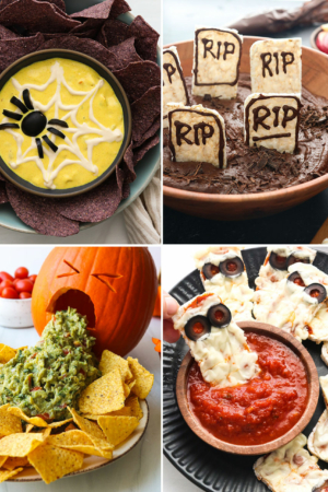 Halloween dip ideas including a spiderweb on queso and tombstones in a dark dip.