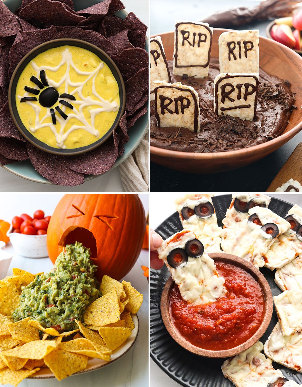 Halloween dip ideas including a spiderweb on queso and tombstones in a dark dip.