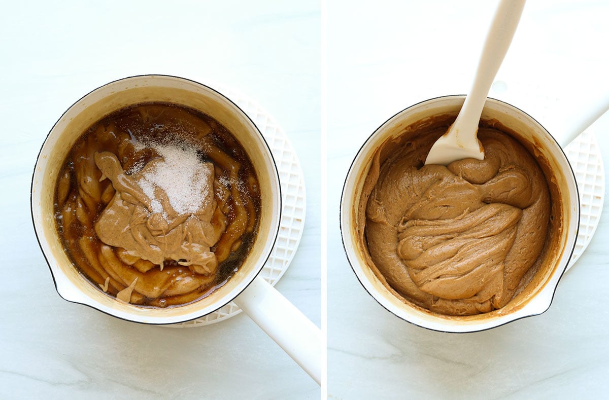 peanut butter and salt added to the boiled maple syrup and quickly stirred.