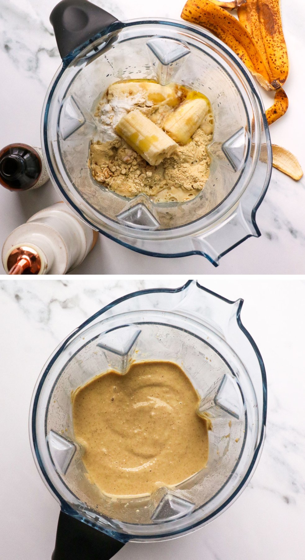 banana, oats, and protein powder blended for waffle batter. 