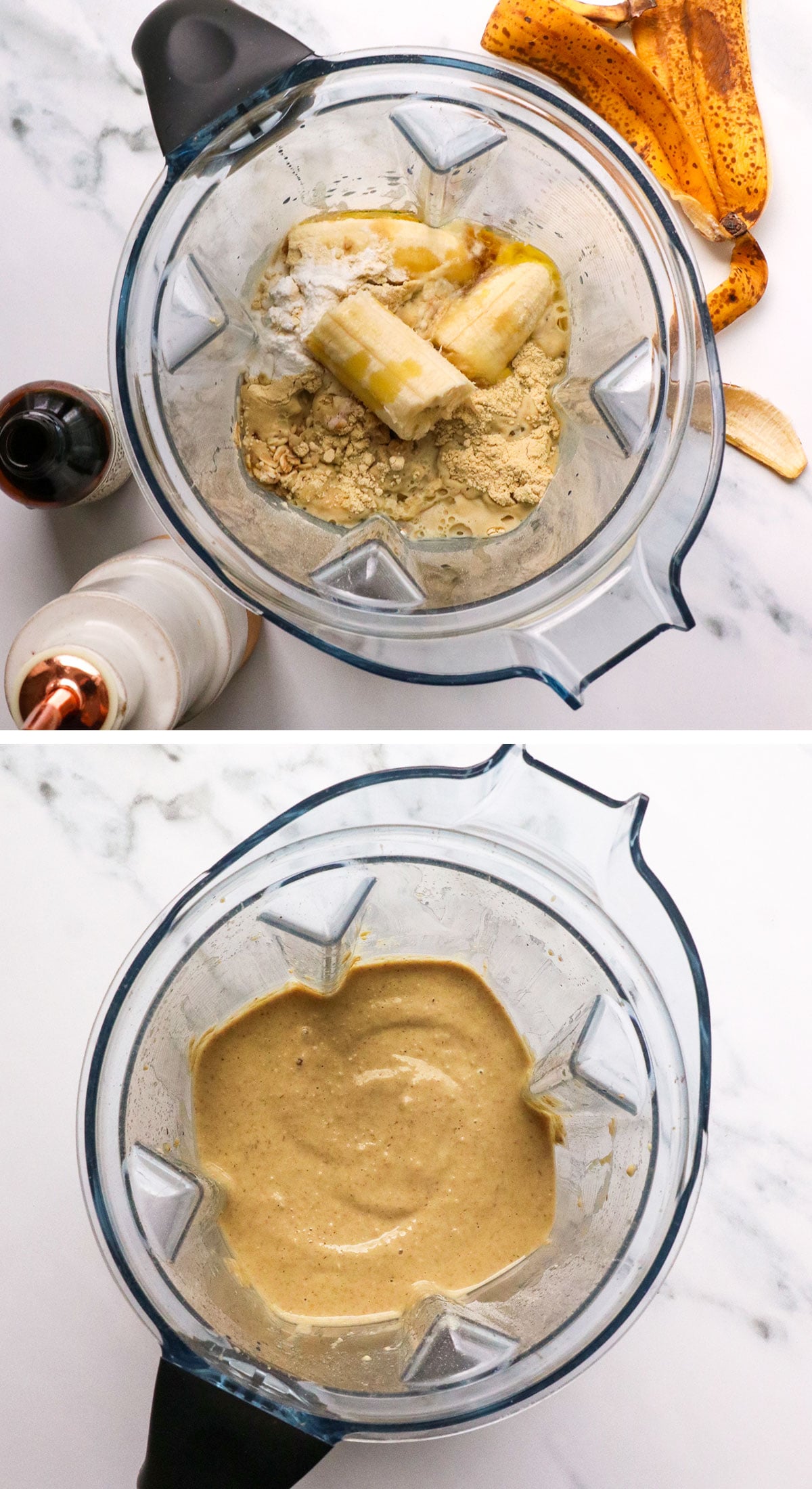 banana, oats, and protein powder blended for waffle batter.