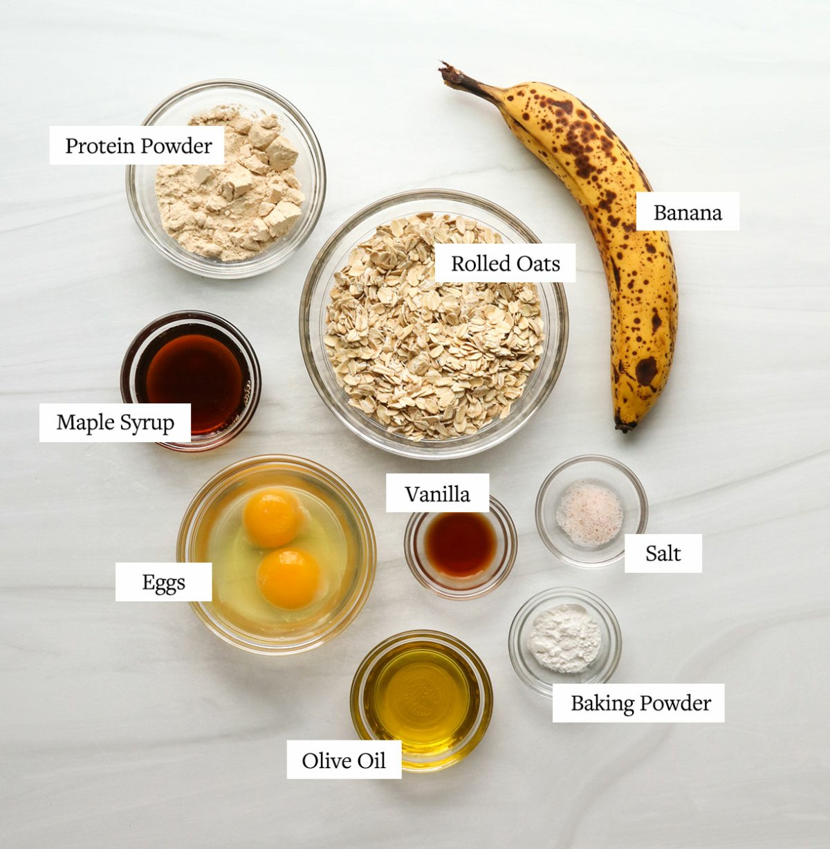 protein waffle ingredients labeled on a white surface.